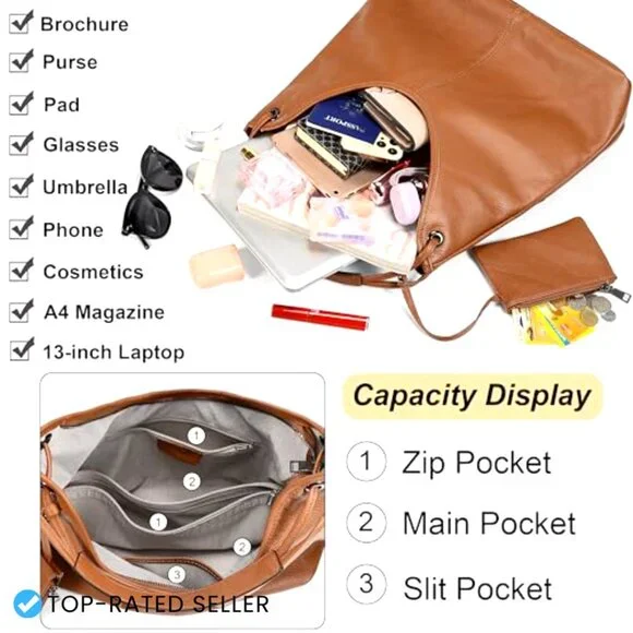 Genuine Leather Hobo Handbag with Coin Pouch Elegant Sophisticated Shoulder Bag